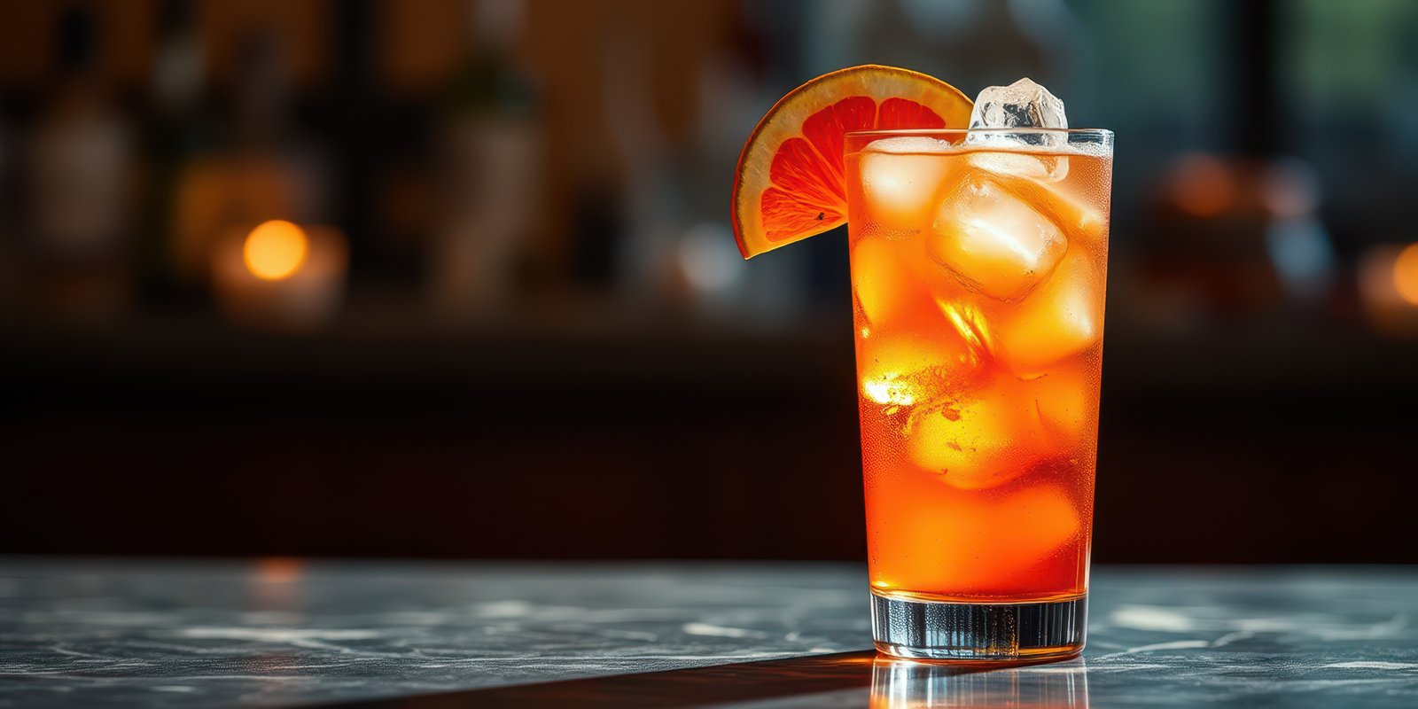 Refreshing cocktail served with ice and a slice of citrus in a warm, ambient bar setting during the evening hours